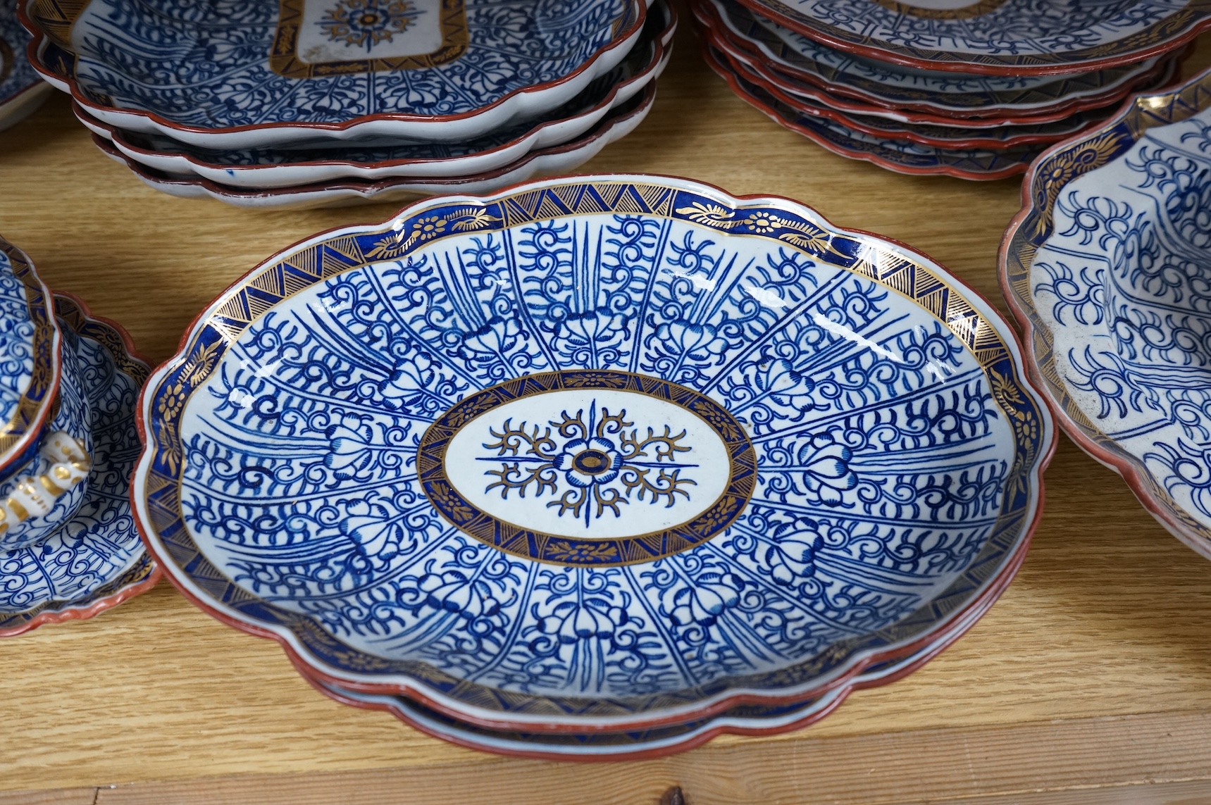 A group of Worcester Royal Lily pattern dessert and dinner wares, 18th/19th century, to include miniature tureens and oval dishes, largest 42cm wide